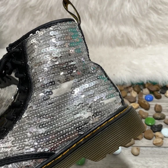 Dr. Martens Pooch Silver Sequins Combat Boots Side Zip - Picture 9 of 9